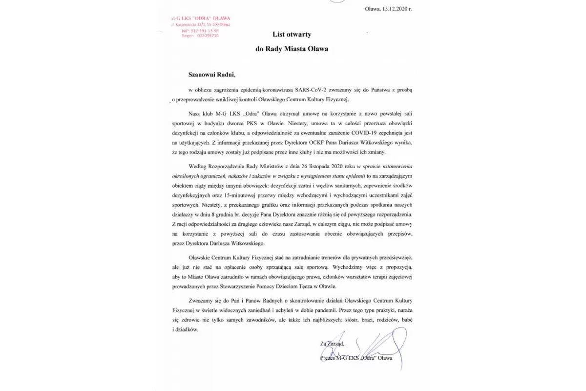Kraczek z listem otwartym do Radnych Miasta 