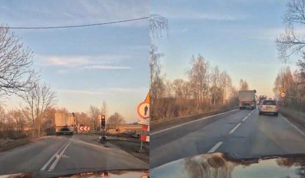 Niebezpieczne manewry samochodu ciężarowego na remontowanej drodze