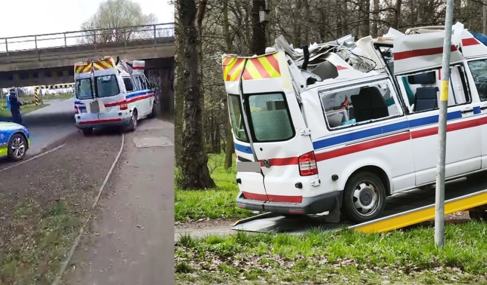 Samochód transportu medycznego uderzył w ogranicznik wysokości