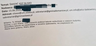 Urząd Miejski w Oławie pokazał treść maila o ładunkach wybuchowych. Wiadomość trafiła do urzędów w powiecie