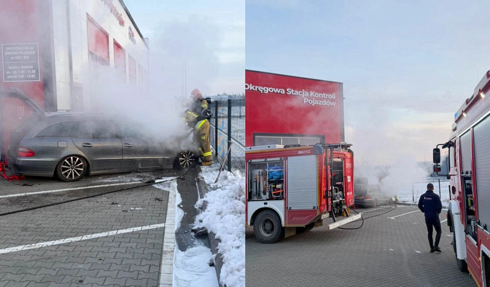 Przy stacji diagnostycznej zapalił się samochód