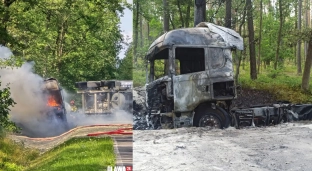 Pożar samochodu ciężarowego w środku lasu [ZDJĘCIA]