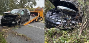 Stracił panowanie na łuku drogi. Volkswagen zderzył się z Citroenem i wjechał do rowu