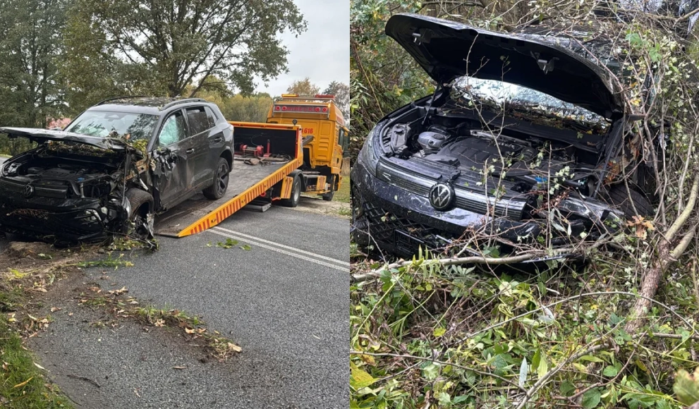 Stracił panowanie na łuku drogi. Volkswagen zderzył się z Citroenem i wjechał do rowu
