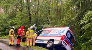 Ślisko na drogach. Karetka zakończyła jazdę w przydrożnym rowie