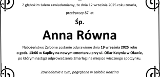 Nie żyje Anna Równa