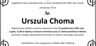 Nie żyje Urszula Choma