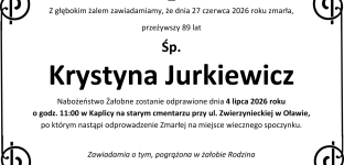 Nie żyje Krystyna Jurkiewicz