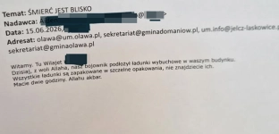 Urząd Miejski w Oławie pokazał treść maila o ładunkach wybuchowych. Wiadomość trafiła do urzędów w powiecie